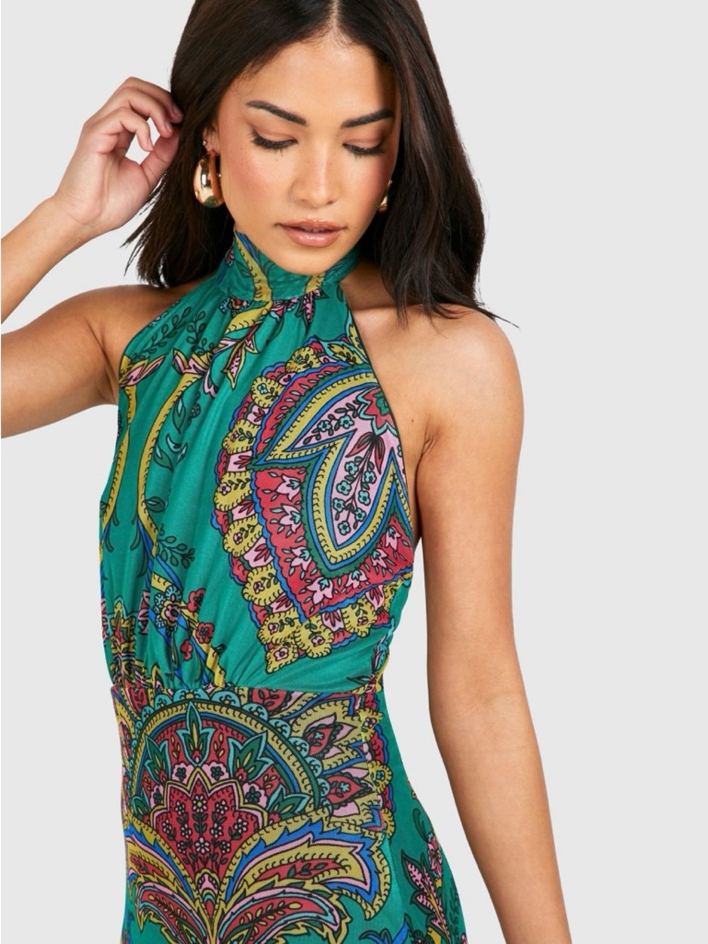 NWT Boohoo Petite Paisley Mesh High Neck Ruffle Hem Maxi Dress 12P